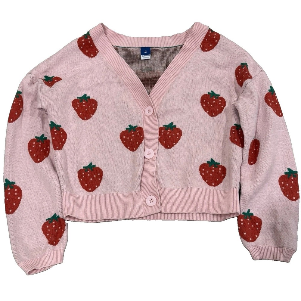 Girls Old Navy Pink Button Down All Over Strawberry Print Sweater Size M 8